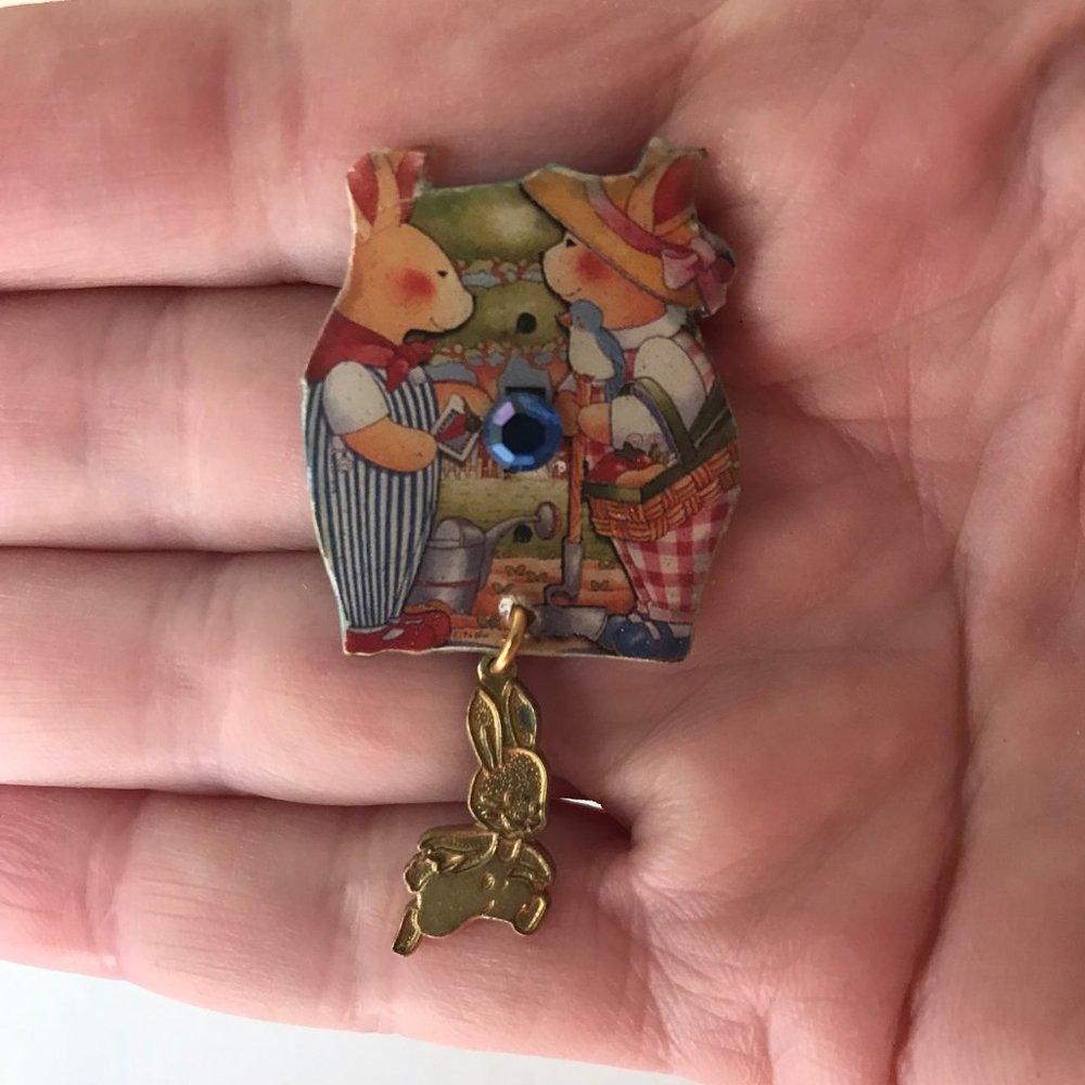 Bunny Rabbits Pin Brooch Handmade Vintage Easter